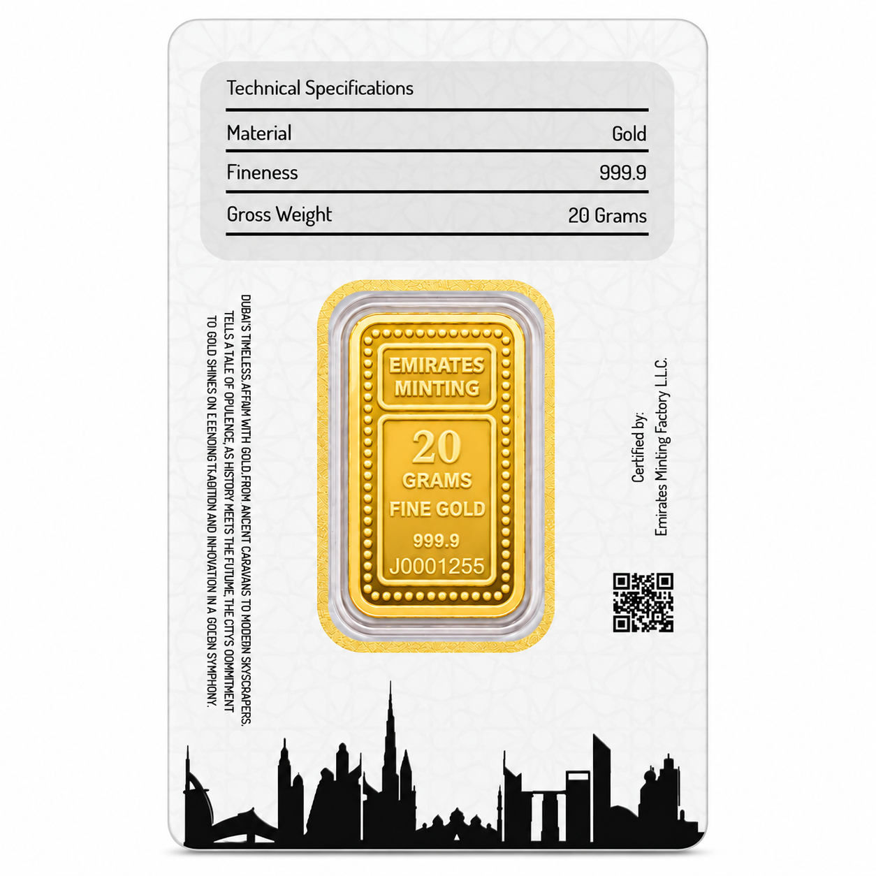 Emirates Minting 20 Grams 999.9 Purity Gold Bar - FKJGBR24K2254