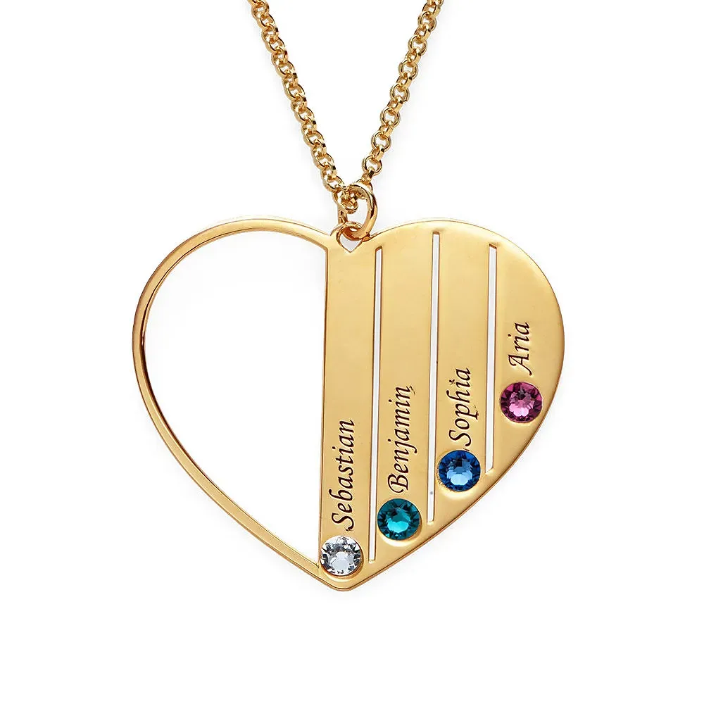 Gold & Silver Personalized Birthstone Heart with Engraved Names Necklace - FKJNKLU6159