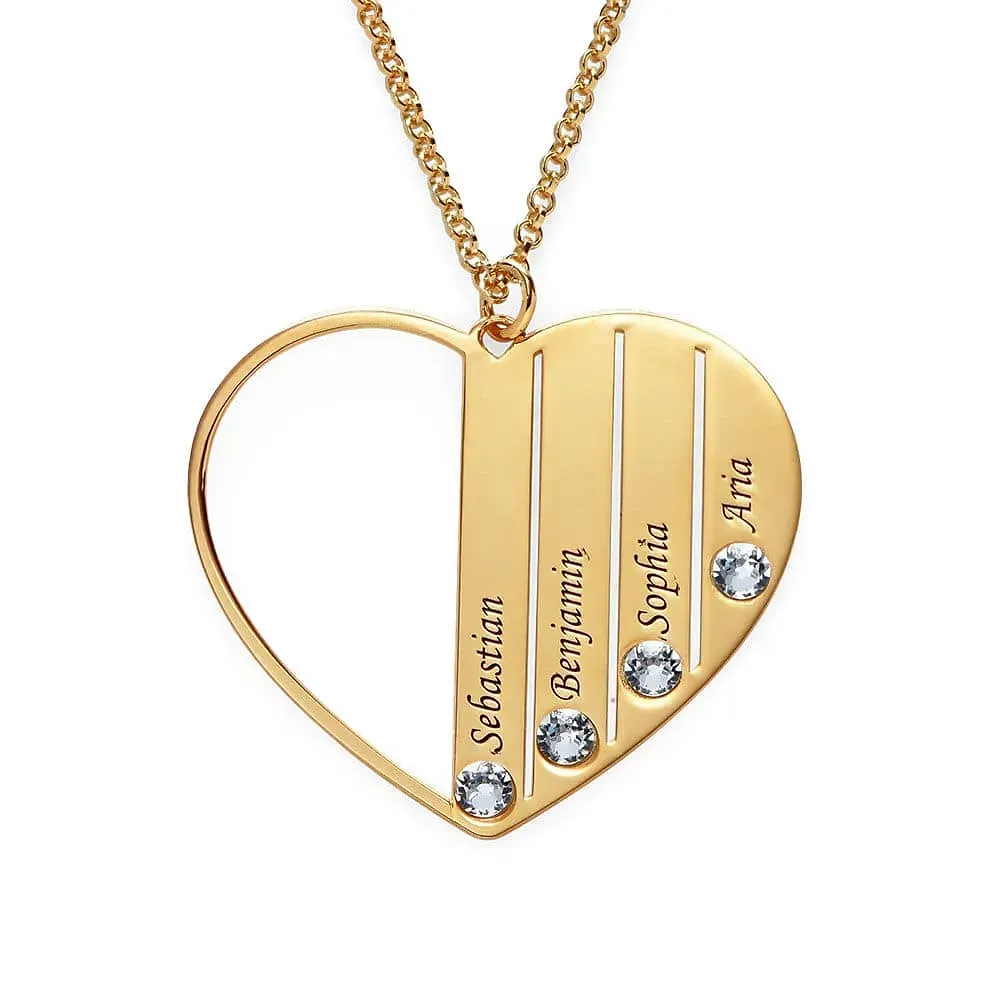 Gold & Silver Personalized Birthstone Heart with Engraved Names Necklace - FKJNKLU6159