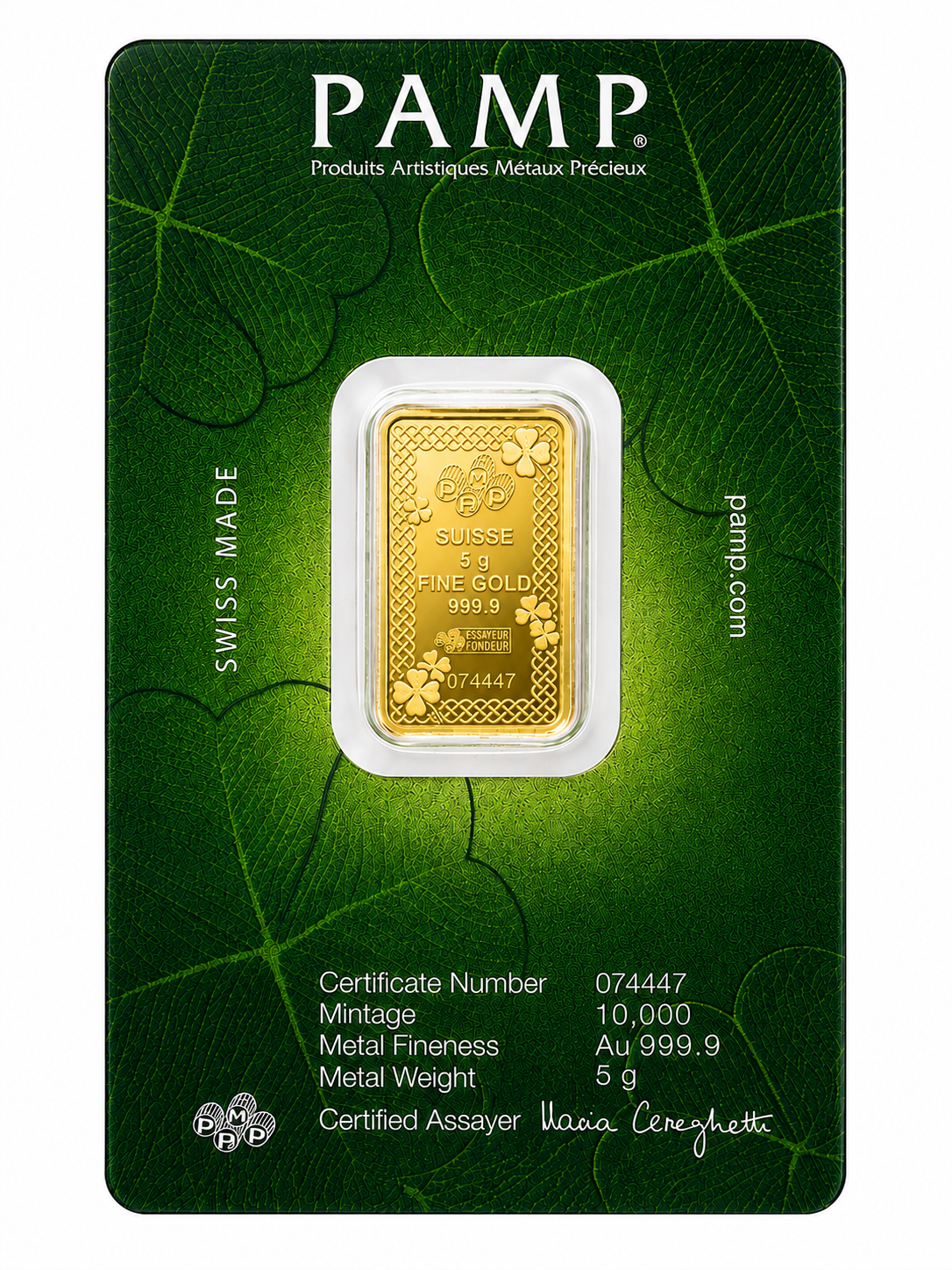 سبيكة ذهب PAMP Suisse بتصميم ورقة البرسيم الرباعية لجلب الحظ، وزن 5 جرام، ذهب خالص عيار 24 قيراط – FKJGBR24K7060