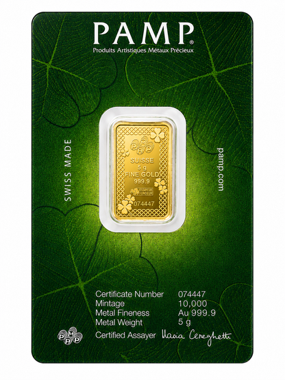 سبيكة ذهب PAMP Suisse بتصميم ورقة البرسيم الرباعية لجلب الحظ، وزن 5 جرام، ذهب خالص عيار 24 قيراط – FKJGBR24K7060