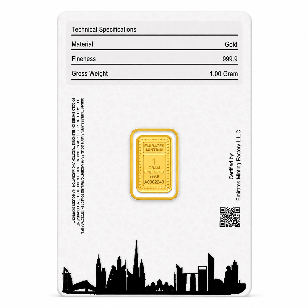 Emirates Minting 1 Gram Peacock Gold Bar 999.9 Purity - FKJGBR24K6937