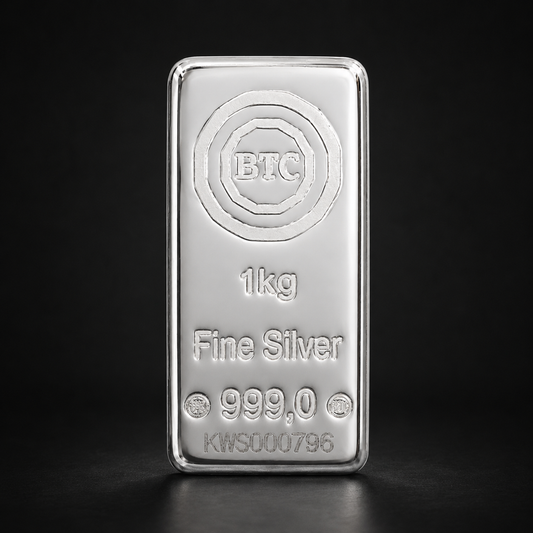 سبيكة فضة BTC مصبوبة بوزن 1 كيلوجرام ونقاء 999.0 – FKJGBRSL6664