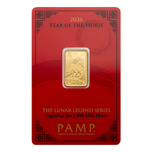 سبيكة ذهب PAMP Suisse من مجموعة «أساطير القمر» لعام 2026، بتصميم عام الحصان، بوزن 5 جرام عيار 24 قيراط – FKJGBR24K6894