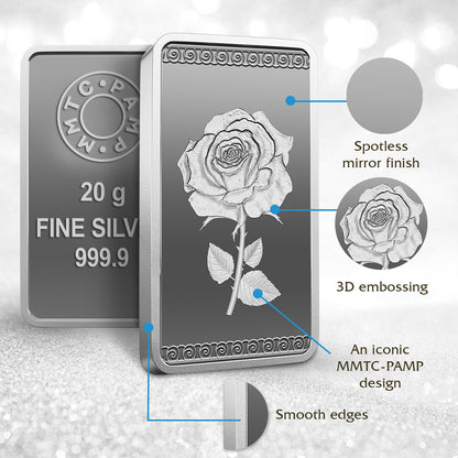 MMTC Pamp Rose 20 Grams Silver Bar in 999.9 Silver - FKJGBRSL2214