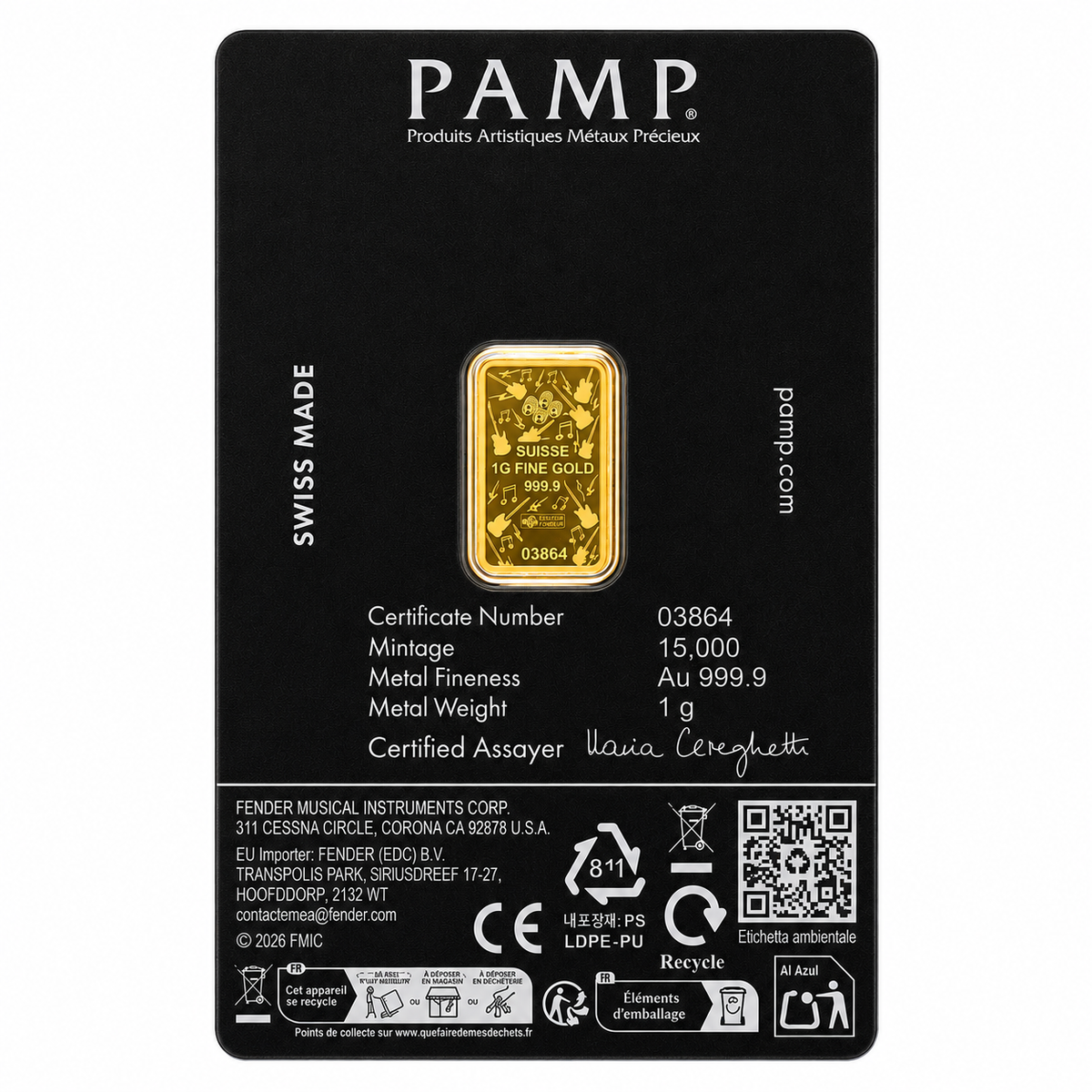 سبيكة ذهب PAMP Suisse بمناسبة الذكرى الـ80 لـ Fender، وزن 1 جرام، عيار 24 قيراط – FKJGBR24K7059