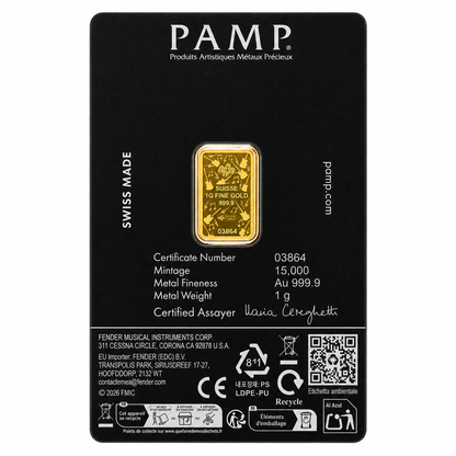 سبيكة ذهب PAMP Suisse بمناسبة الذكرى الـ80 لـ Fender، وزن 1 جرام، عيار 24 قيراط – FKJGBR24K7059