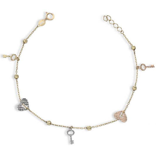Trio Tone Gold Heart Lock and Key Bracelet 18KT - FKJBRL18KU1038