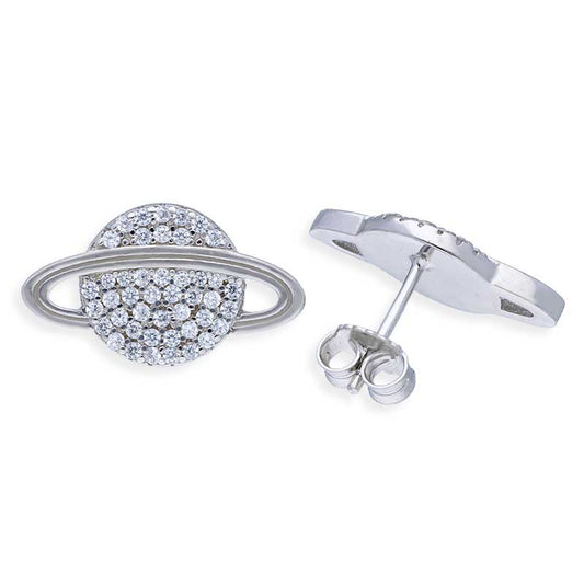 Sterling Silver 925 Saturn Shaped Stud Earrings - FKJERNSLU3147