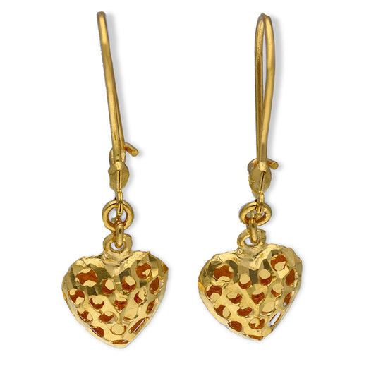 Gold Heart Shaped Drop Earrings 21KT - FKJERN21KU3166