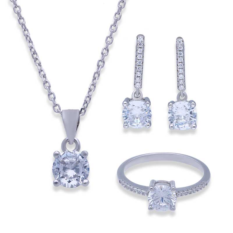Sterling Silver 925 Round Shaped Pendant Set (Necklace, Earrings and Ring) - FKJNKLSTSLU2024